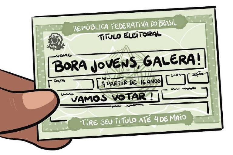 Ilustração da campanha para jovens tirarem seu título de eleitor: "Bora jovens, galera!"